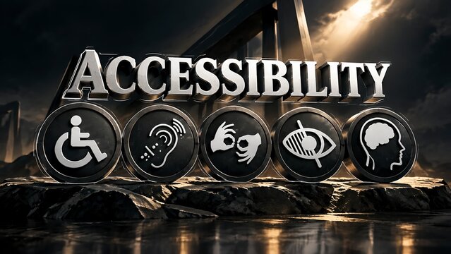 Accessibility word with disability icons on stone inclusive social