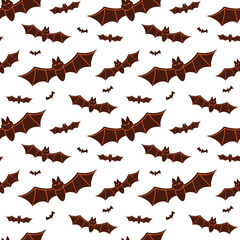 Fototapeta premium Seamless pattern vector of flying dark brown bats with glowing orange outline on white background.