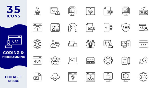 35 coding and programming line icon set vector illustration. Software development, web engineering, and computer programmer line icons.