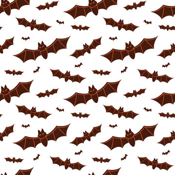 Seamless pattern vector of flying dark brown bats with glowing orange outline on white background.