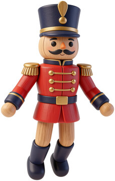 Classic wooden nutcracker toy soldier character wearing red uniform and hat isolated on clean studio background