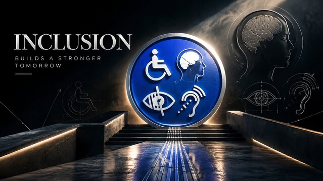 circular disability awareness emblem with sensory icons social