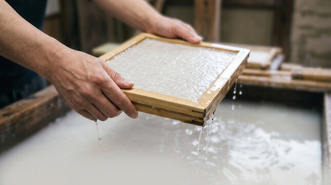 Hands holding washi papermaking frame with wet kozo fibre sheet Japanese paper craft