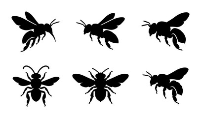 Fototapeta premium Black Bee Silhouettes, Flying Insect Icons, Vector Set for Nature and Apiary Design