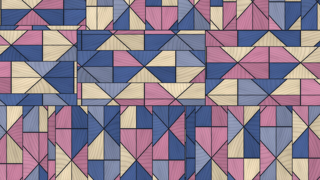 Geometric pattern with wood texture in blue, pink, and beige