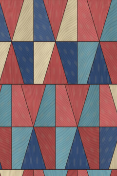 Geometric Pattern with Wood Texture in Red, Blue, and Beige