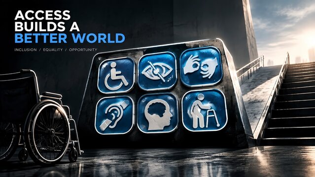 Wheelchair and accessibility icons on concrete wall social inclusion