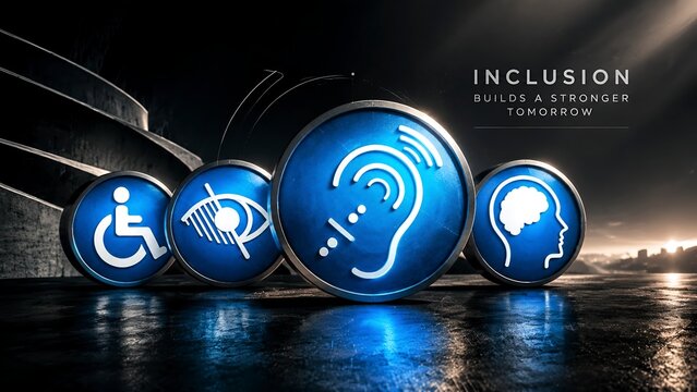 Four glowing disability awareness icons on ground social inclusion