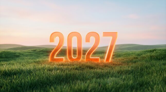 2027 New Year Celebration in Green Field at Sunset