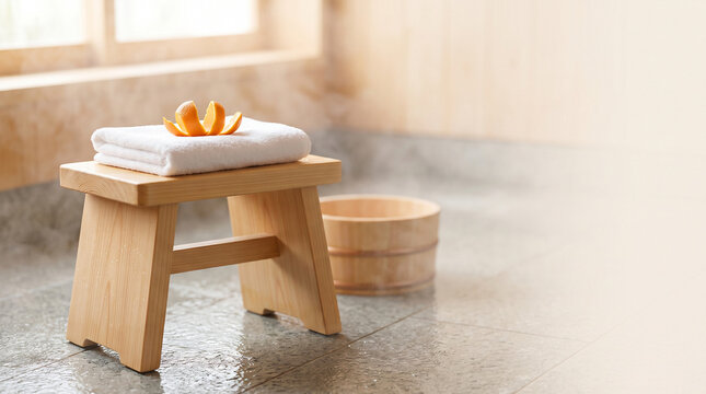 Hinoki bath stool with folded towel and mikan peel steamy Japanese bathroom