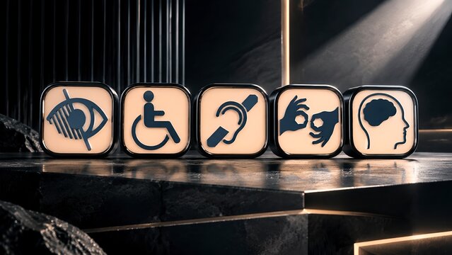 Five disability awareness icons on stone platform social inclusion