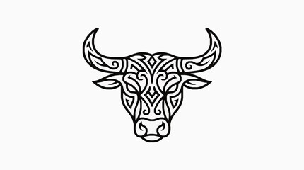 Fototapeta premium Tribal bull head silhouette featuring ornamental horn patterns on white background