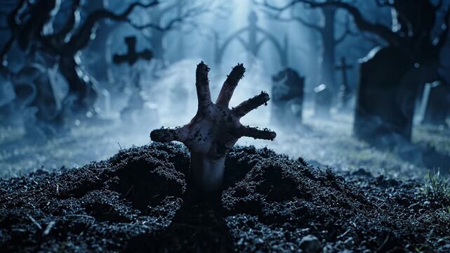 Wide Shot of Dead Hand Pushing Through Grave Mound