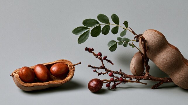 A luxury food magazine-inspired composition featuring asymmetrical placement of tamarind fruit with refined negative space and premium commercial aesthetics