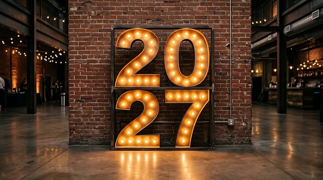 2027 illuminated sign on brick wall in industrial venue