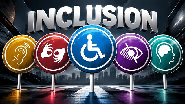 Inclusion signage with disability icons social equality awareness