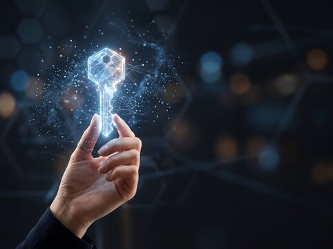 Hand holding glowing digital key for cybersecurity concept