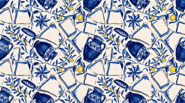 Blue and white ceramic tile pattern with vases and floral motifs porcelain ornamental artistic decorative