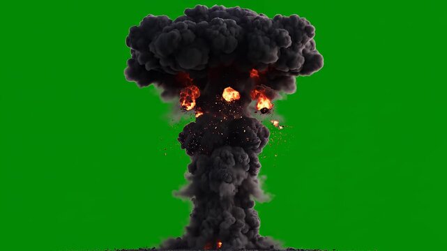 Nuclear explosion mushroom cloud growing in stages with green screen background during daytime cinematic motion