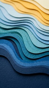 Abstract paper cut background with layered wavy curves in shades of blue and yellow depicting ocean waves or topographic landscape