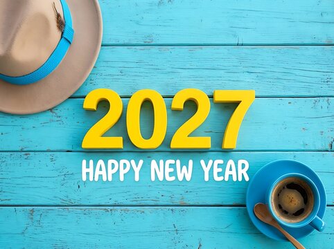 Happy New Year 2027 Celebration with Coffee and Hat on Wooden Table