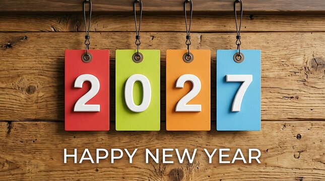 Happy New Year 2027 colorful hanging tags on wooden background
