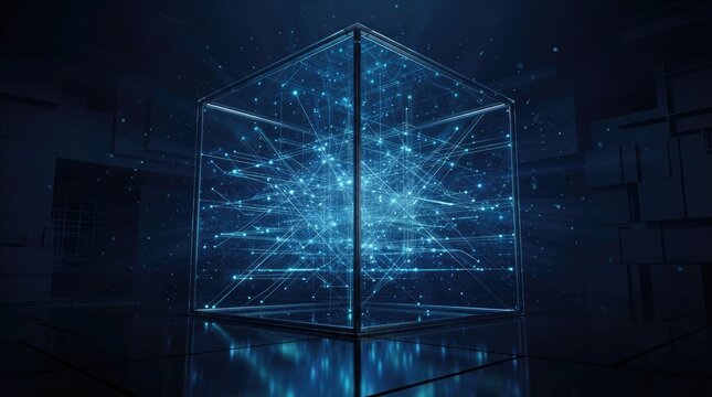 futuristic glowing data cube with blue lines and particles