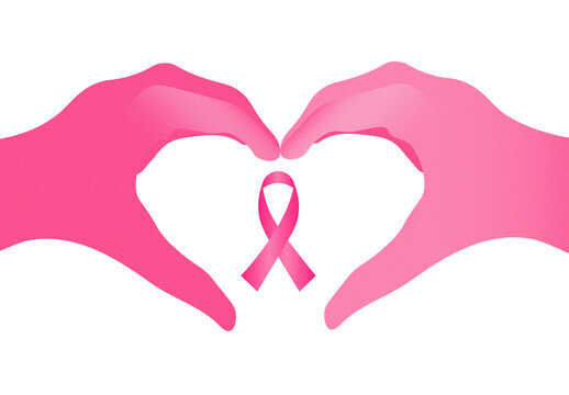 Pink Hands Forming a Heart Shape with Pink Ribbon PNG Graphic for Breast Cancer Awareness Month, Healthcare Campaign Vector Asset on Transparent Background