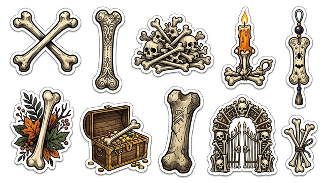 Set of Halloween bone stickers featuring skulls, treasure chest, candle, and ornate bone decorations for spooky autumn themed design