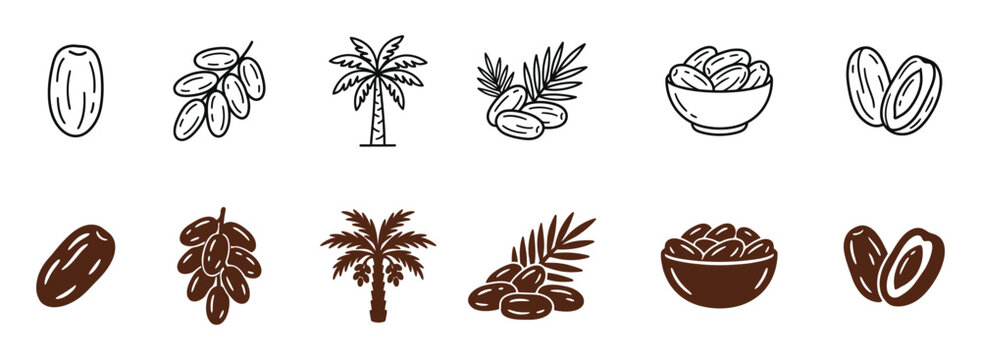 Date Fruit and Palm Tree Icon Set in Line Art and Silhouette Style