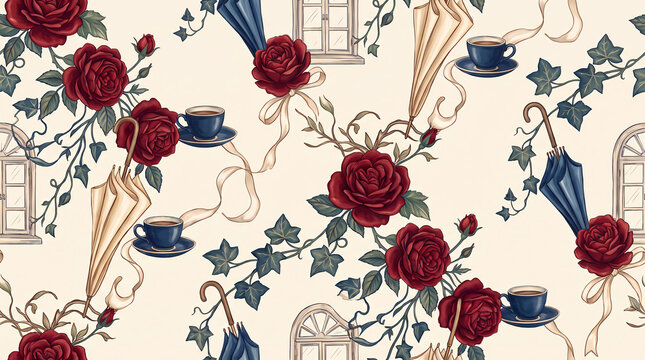 Vintage floral seamless pattern with dark red roses and blue umbrellas and teacups umbrella seamless repeating