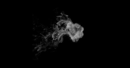 Obraz premium Detailed white smoke formation isolated on black background. Abstract swirling vapor with realistic texture and smooth flowing shapes, ideal for creative design, overlays and visual effects.