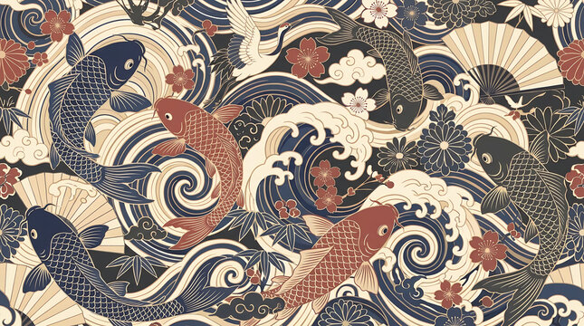 Traditional japanese koi fish and wave pattern illustration with fans and floral motifs japanese illustration