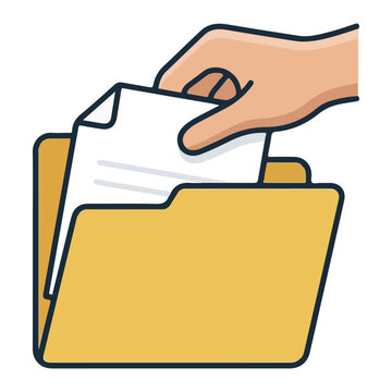 Hand putting paper document into yellow folder for archive management