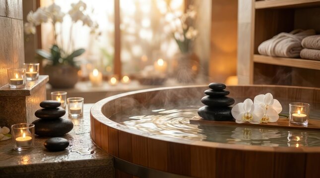 Relaxing spa interior with a wooden hot tub and candles