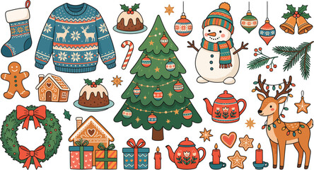 Fototapeta premium Festive christmas elements illustration with decorated trees gingerbread and winter accessories