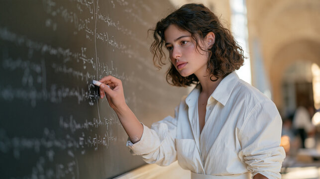 An Israeli physics student standing at a long chalkboard covered edge to edge in quantum mechanics equations, chalk dust on her sleeve, deeply focused expression as she checks a