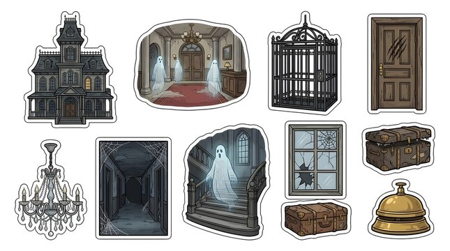 Set of haunted hotel stickers featuring ghost characters and spooky interior elements for a creepy atmosphere in hand drawn sticker style