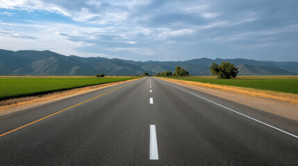 Obraz premium Long highway stretches into distance, surrounded by green fields, mountains, blue sky, peaceful and open landscape