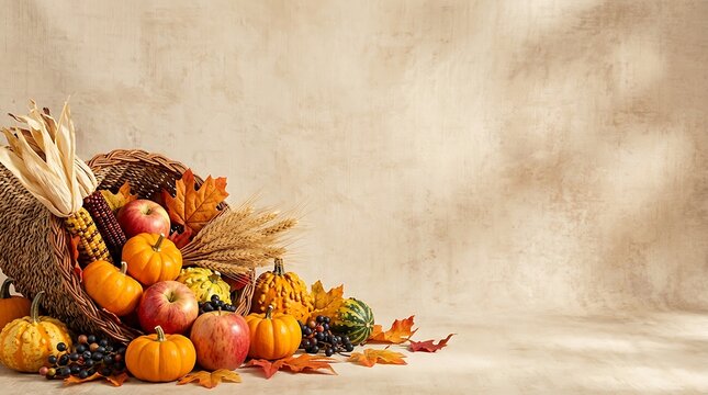 Traditional thanksgiving cornucopia filled with autumn harvest fruits and vegetables on a rustic wooden table background