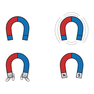 Horseshoe magnet set with magnetic field lines paperclips north south poles