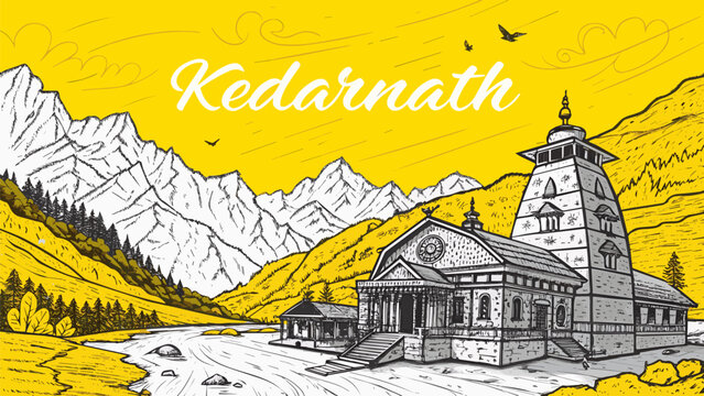 Kedarnath Temple Vector Line Art Illustration, Indian Hindu Pilgrimage Landmark,