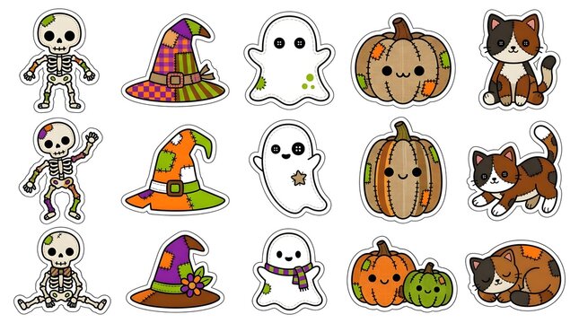 Set of cute kawaii Halloween stickers featuring skeletons witch hats ghosts pumpkins and stitched calico cats on white background collection