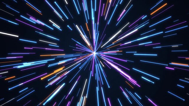 Dynamic radial light speed lines explode across a dark futuristic digital universe background creatin