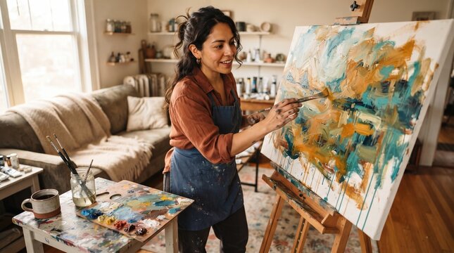 A woman focuses on painting a colorful canvas with a brush in a cozy home art studio, surrounded by supplies and natural light from a window.