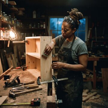 A woman sands a wooden shelf frame clamped to a workbench in a rustic workshop filled with tools, focused on a carpentry project at night.