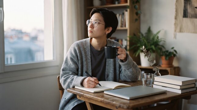 A thoughtful woman sits at a wooden table writing in a journal with a cup of coffee nearby, gazing out the window in soft natural light.