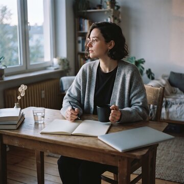 A thoughtful woman sits at a wooden table writing in a journal with a cup of coffee nearby, gazing out the window in soft natural light.