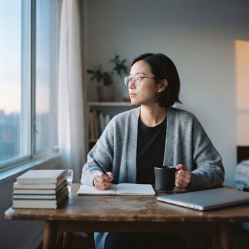 A thoughtful woman sits at a wooden table writing in a journal with a cup of coffee nearby, gazing out the window in soft natural light.
