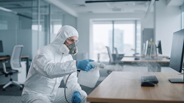A worker wearing a full protective suit, mask, and goggles sprays disinfectant on an office desk with a computer, ensuring a sanitized workplace environment.